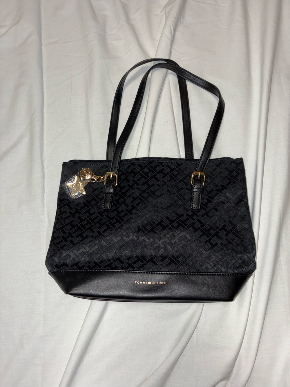 Tommy Hilfiger Black Jacquard Logo Tote with Gold Charm